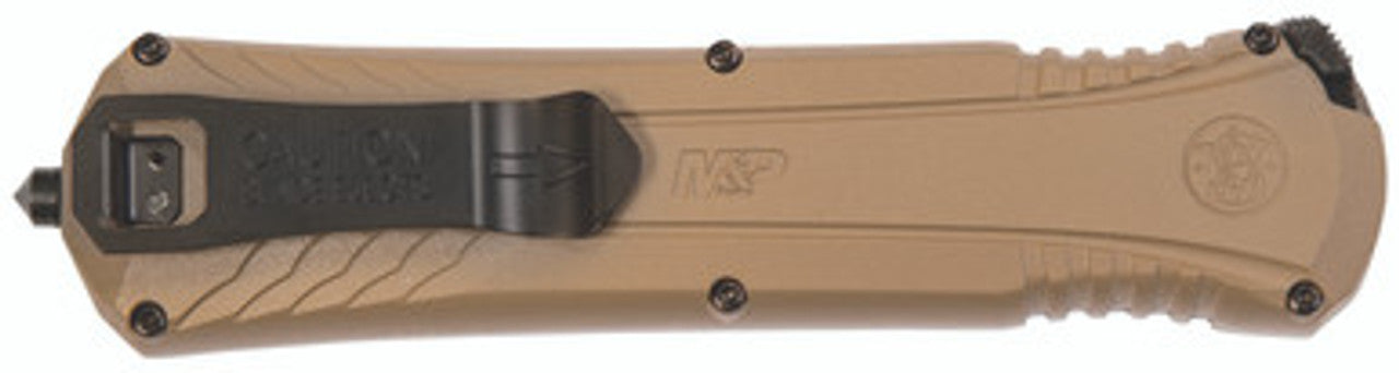 Smith & Wesson M&P Spear Point Flat Desert Earth Knife with 3.5" AUS-8 Steel Blade, Aluminum Handle, Glass Breaker for Tactical, EDC