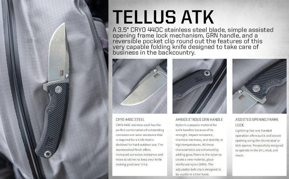 SOG Tellus ATK Folding Knife Stonewash CRYO 400C Blade Steel GRN Handle (SOG-11-06-01-43)