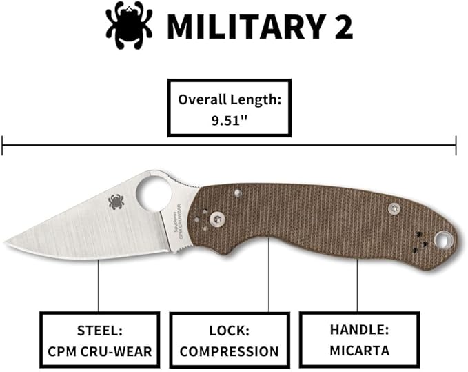 Spyderco Military 2 CPM-CruWear Brown Canvas Micarta Folding Knife C36MPCW2 USA Made Lifetime Warranty