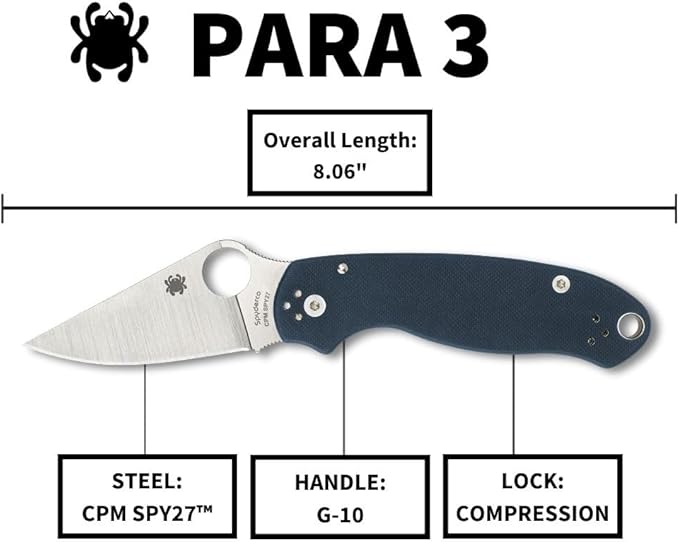 Spyderco Paramilitary 3 PM3 CPM SPY27 Cobalt Blue G10 Folding Knife C223GPCBL USA Made Lifetime Warranty