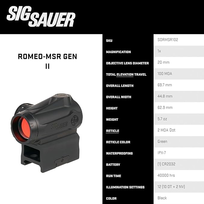 Sig Sauer Romeo-MSR GEN II 1x20mm Red Dot 1.41" M1913 Riser Mount Black 2MOA