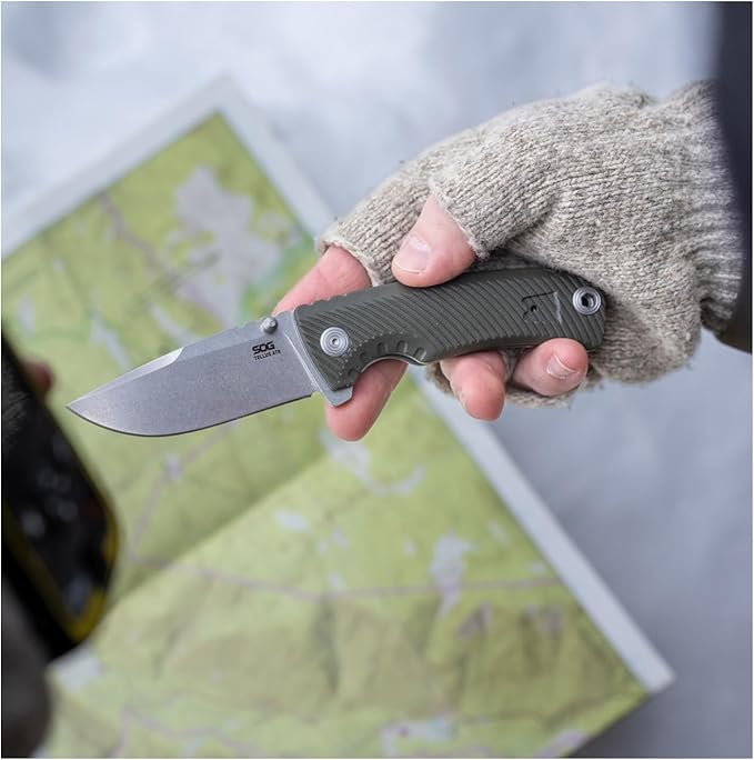 SOG Tellus ATK Folding Knife Stonewash CRYO 400C Blade Steel GRN Handle (SOG-11-06-01-43)