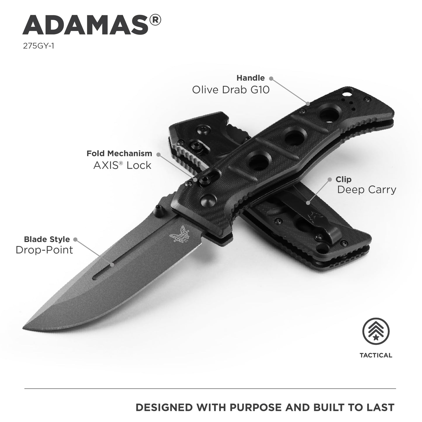 Benchmade 275SGY-1 Adamas Serrated CPM-CruWear Blade Black G10 Handle Tactical Folder