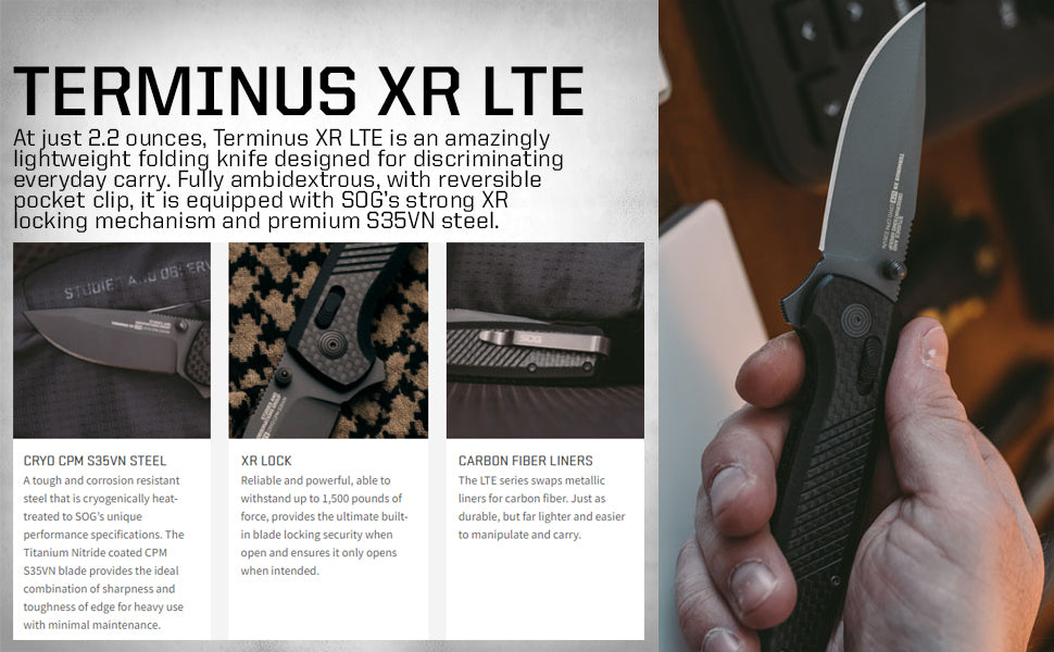 SOG Terminus SJ LTE CRYO CPM-S35VN Gold Blade Carbon Fiber Reinforced G10 Handle Pocket Knife