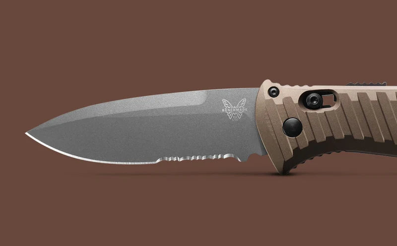 Benchmade 5700SGY-1 Auto Presidio II CPM-M4 Dark Earth 6061-T6 Aluminum Handle Serrated Folding Auto Knife