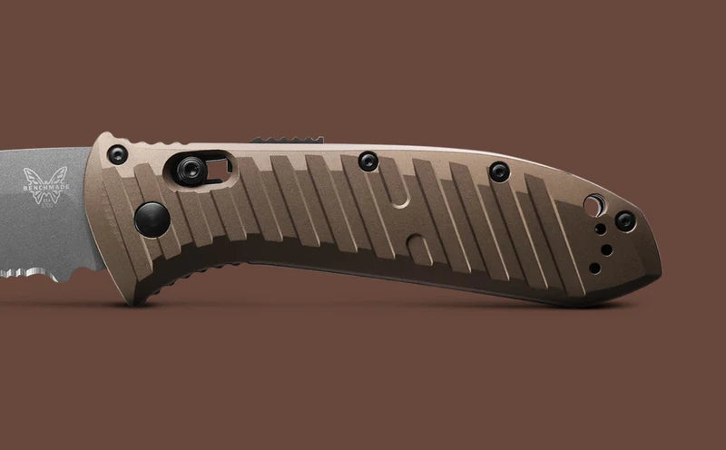 Benchmade 5700SGY-1 Auto Presidio II CPM-M4 Dark Earth 6061-T6 Aluminum Handle Serrated Folding Auto Knife