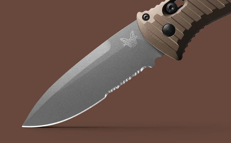 Benchmade 5700SGY-1 Auto Presidio II CPM-M4 Dark Earth 6061-T6 Aluminum Handle Serrated Folding Auto Knife