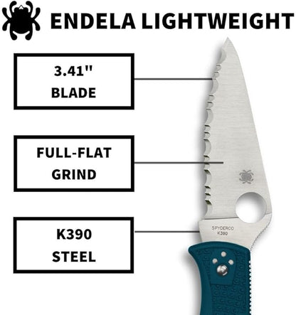 Spyderco Endela Lightweight K390 Blade SpyderEdge Blue FRN Handle Folding Knife C243FSK390 Japan Made Lifetime Warranty