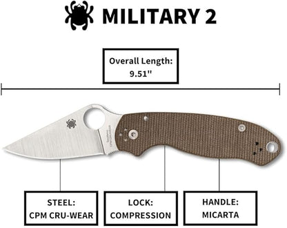Spyderco Military 2 CPM-CruWear Brown Canvas Micarta Folding Knife C36MPCW2 USA Made Lifetime Warranty