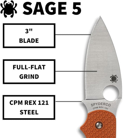 Spyderco Sage 5 Lightweight CPM REX121 Orange FRN Folding Knife C123BORP Taiwan Made Lifetime Warranty