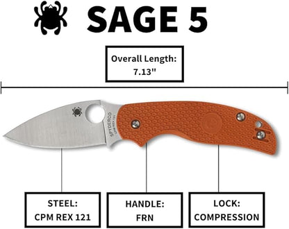 Spyderco Sage 5 Lightweight CPM REX121 Orange FRN Folding Knife C123BORP Taiwan Made Lifetime Warranty