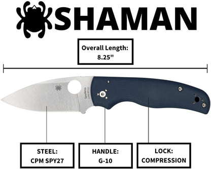 Spyderco Shaman CPM-SPY27 Blade Cobalt Blue G10 Handle Folding Knife C229GPCBL Lifetime Warranty