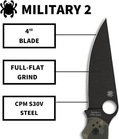 Spyderco Military 2 CPM-S30V Black DLC Camo G-10 Folding Knife C36GPCMOBK2 USA Made Lifetime Warranty