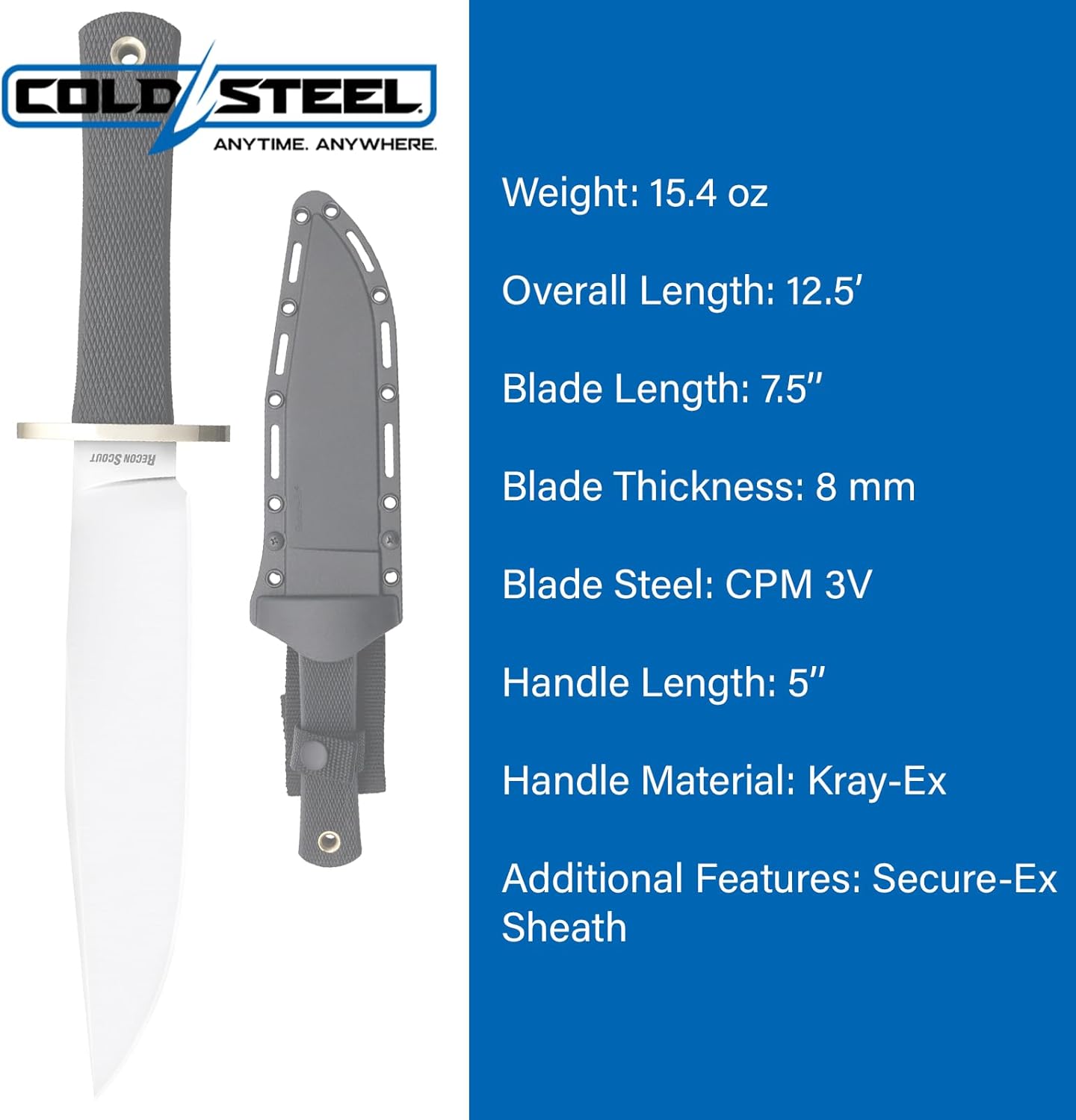 Cold Steel Recon Scout CPM-3V Bowie Knife 7.5" Fixed Blade CS-37RS Taiwan