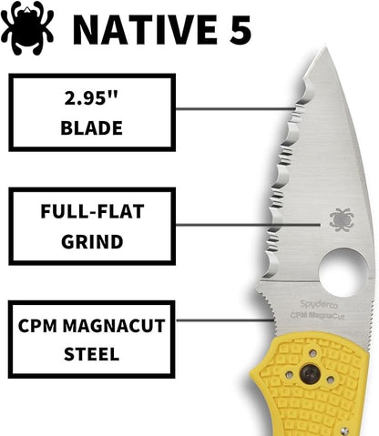 Spyderco Native 5 CPM-Magnacut Blade Yellow FRN Folding Knife C41SYL5 USA Made Lifetime Warranty