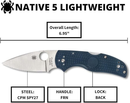 Spyderco Native 5 Lightweight CPM SPY27 Blade Blue FRN Folding Knife C41PCBL5 USA Made Lifetime Warranty