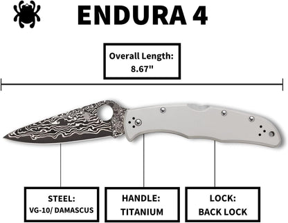 Spyderco Endura VG-10 Damascus Blade Plainedge Titanium Handle Folding Knife C10TIPD Japan Made Lifetime Warranty