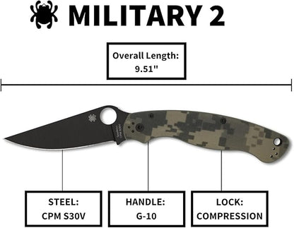Spyderco Military 2 CPM-S30V Black DLC Camo G-10 Folding Knife C36GPCMOBK2 USA Made Lifetime Warranty