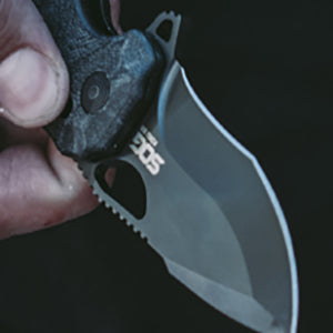 SOG Kiku XR - Blackout (12-27-02-57) Quick Open Ambi Pocket Knife Linen Micarta Scales