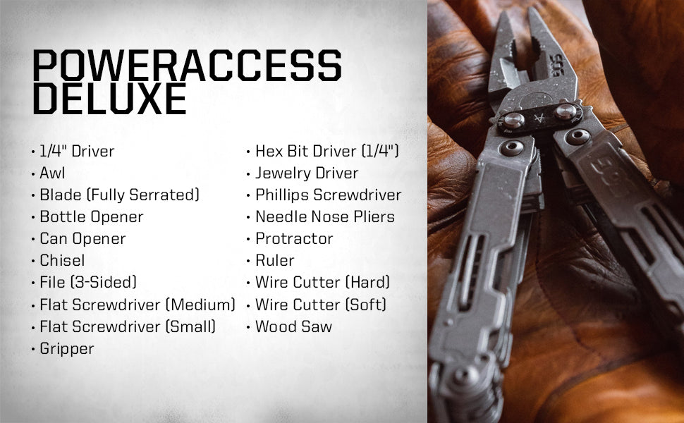 SOG Power Access Deluxe Stainless Steel Mutli-Tool 21 Tools Sheath & 12pc Hex Bit Kit Lifetime Warranty (PA2001-CP)