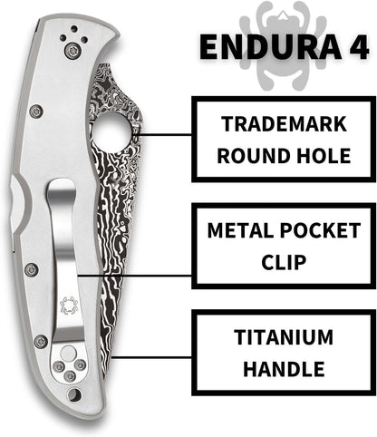 Spyderco Endura VG-10 Damascus Blade Plainedge Titanium Handle Folding Knife C10TIPD Japan Made Lifetime Warranty