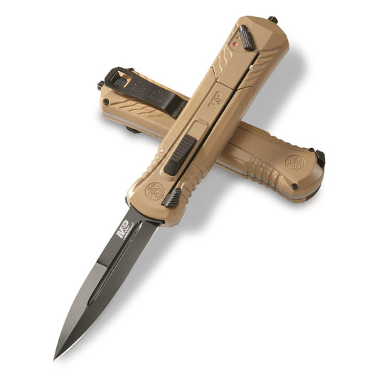 Smith & Wesson M&P Spear Point Flat Desert Earth Knife with 3.5" AUS-8 Steel Blade, Aluminum Handle, Glass Breaker for Tactical, EDC