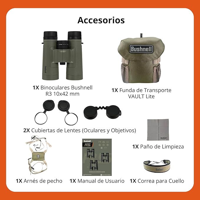 Bushnell R-Series R3 10 X 42mm Binoculars w/ Harness Neck Strap Covers & Lens Cloth R3-1042