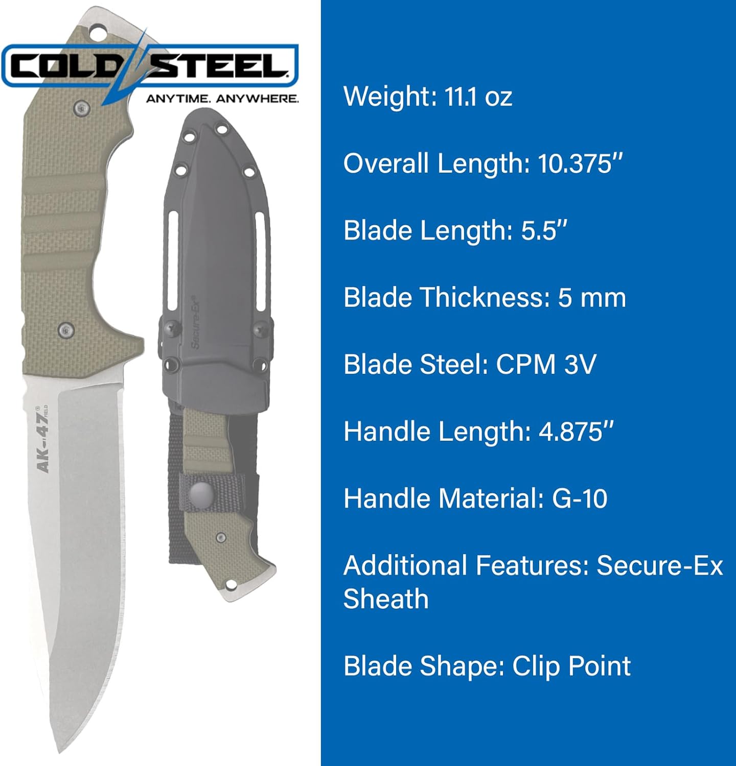 Cold Steel AK-47 Field Knife 10 & 3/8" Overall CPM-3V Blade G-10 Handle Fixed Blade #14AKA