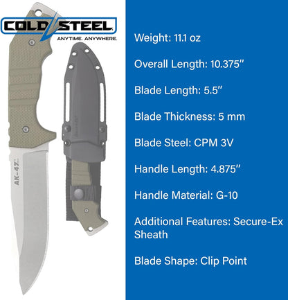 Cold Steel AK-47 Field Knife 10 & 3/8" Overall CPM-3V Blade G-10 Handle Fixed Blade #14AKA
