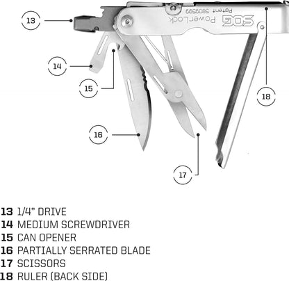 SOG Powerlock Stainless Steel Mutli-Tool 18 Tools Scissors Lifetime Warranty (S60N-CP)