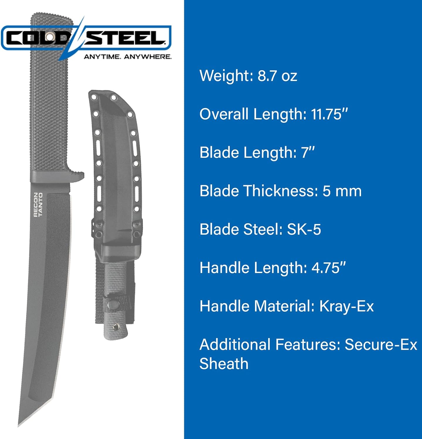 Cold Steel Recon Tanto SK-5 Steel 7" Kray-ex Handle #49LRT