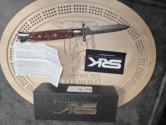 Steel River Knives SGSWRDAM Spartan 3.9" Italian Bayonet Damascus Blade Snakewood Buffalo Horn Handle Side Open