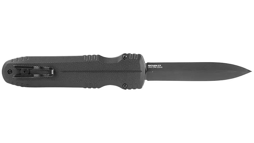 SOG Pentagon OTF Black Aluminum Handle Cryo S35VN Blade Steel Made in USA Automatic Out The Front Knife SOG-15-61-01-57