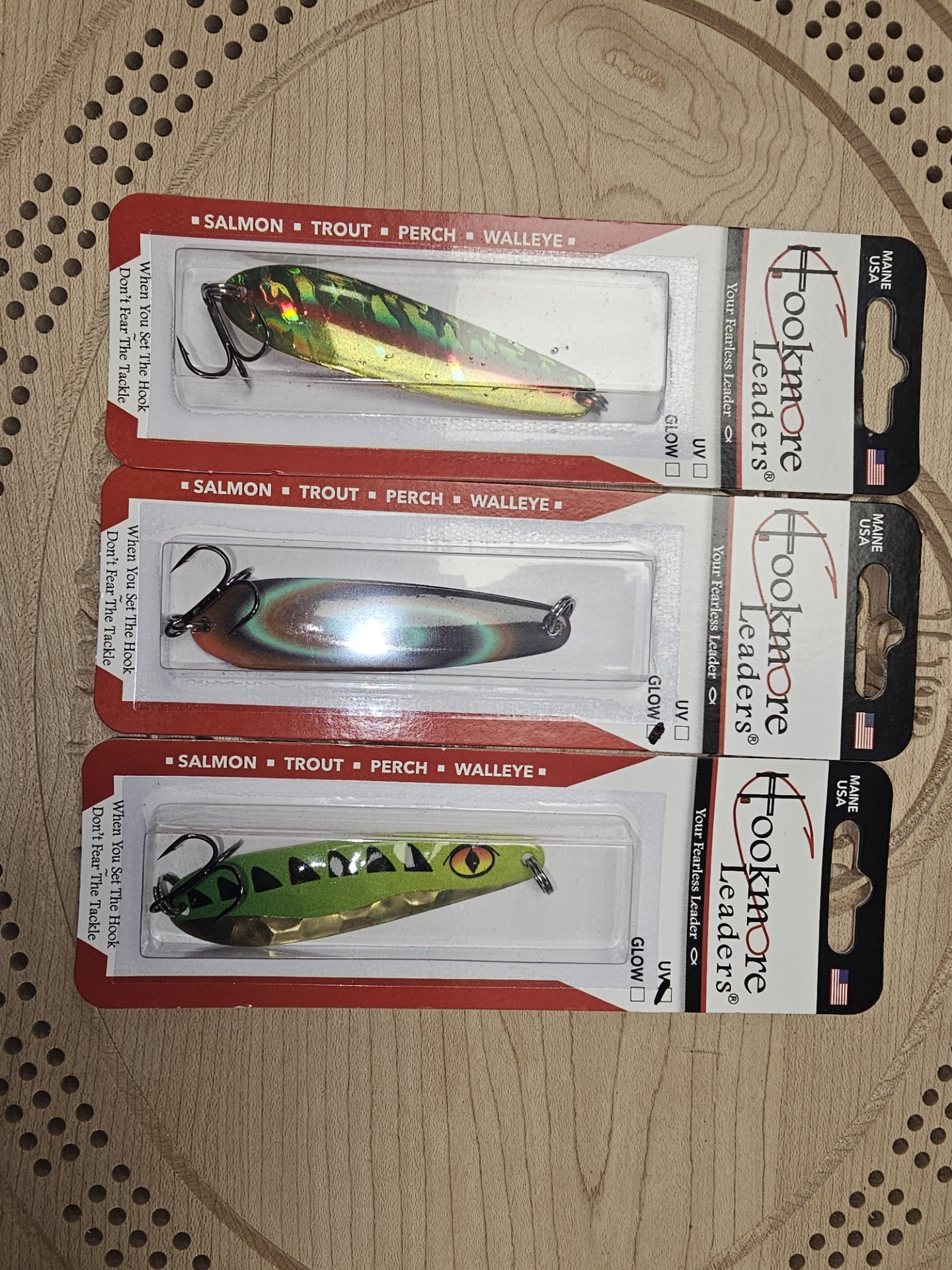 Hookmore Leaders 3 Pack Casting & Trollling Spoons Size 6, Gator Bait, Mystic Muffin, & Snot Rocket Hook Made in Maine USA